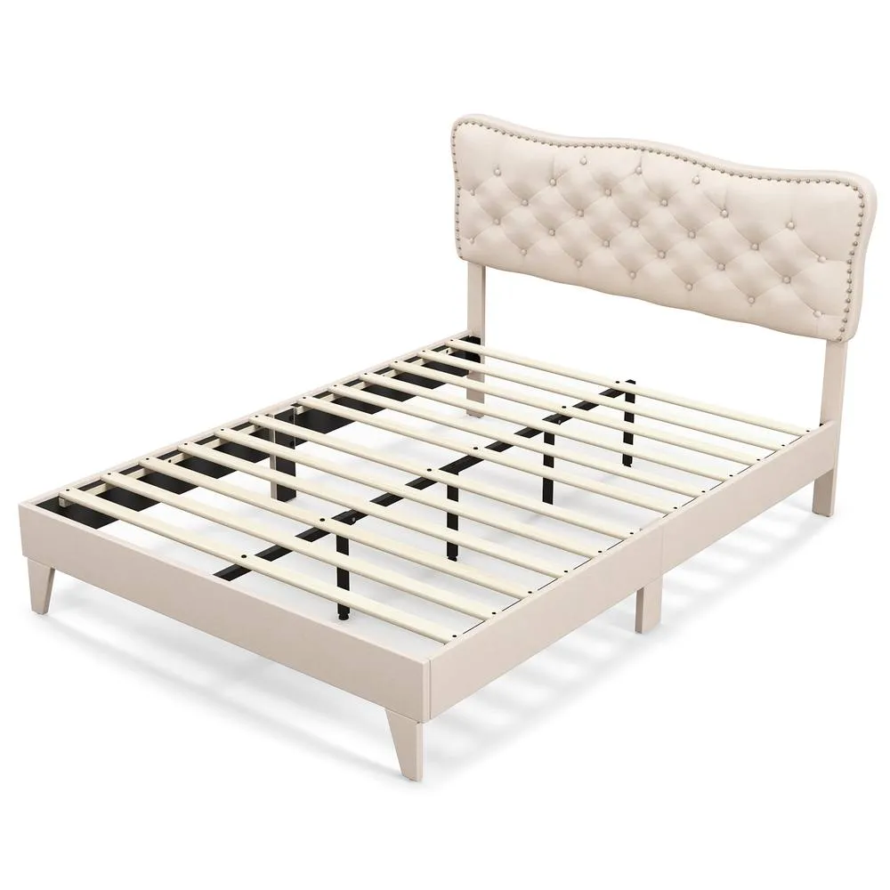 Costway Double Size Bed Frame Wooden Slats Platform w/ Upholstered Headboard in Beige