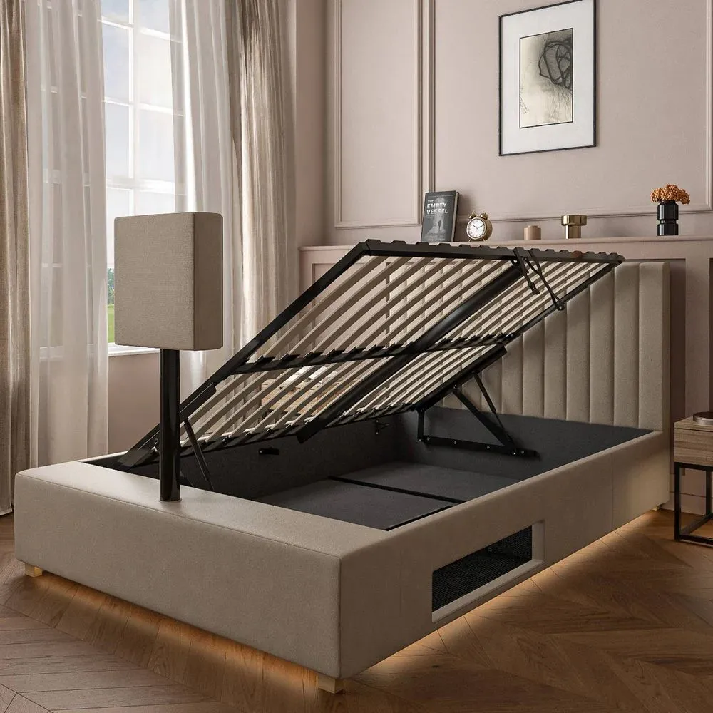 X Rocker Maisie Velvet Upholstered Ottoman TV Bed with Storage & LED Lights in Beige 5