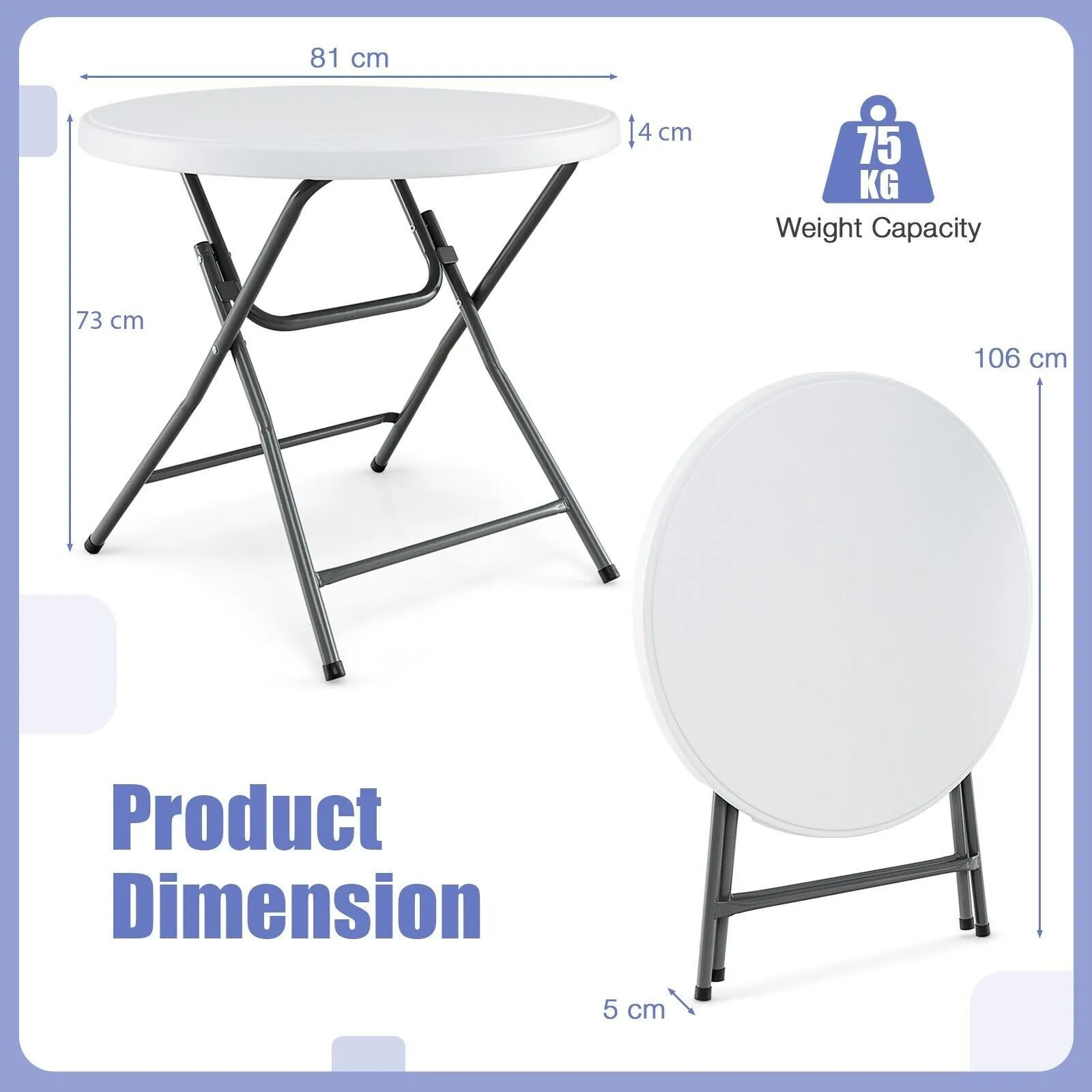 Costway 81 CM Round Folding Table Round Plastic Table Coffee Dining Table in White 2