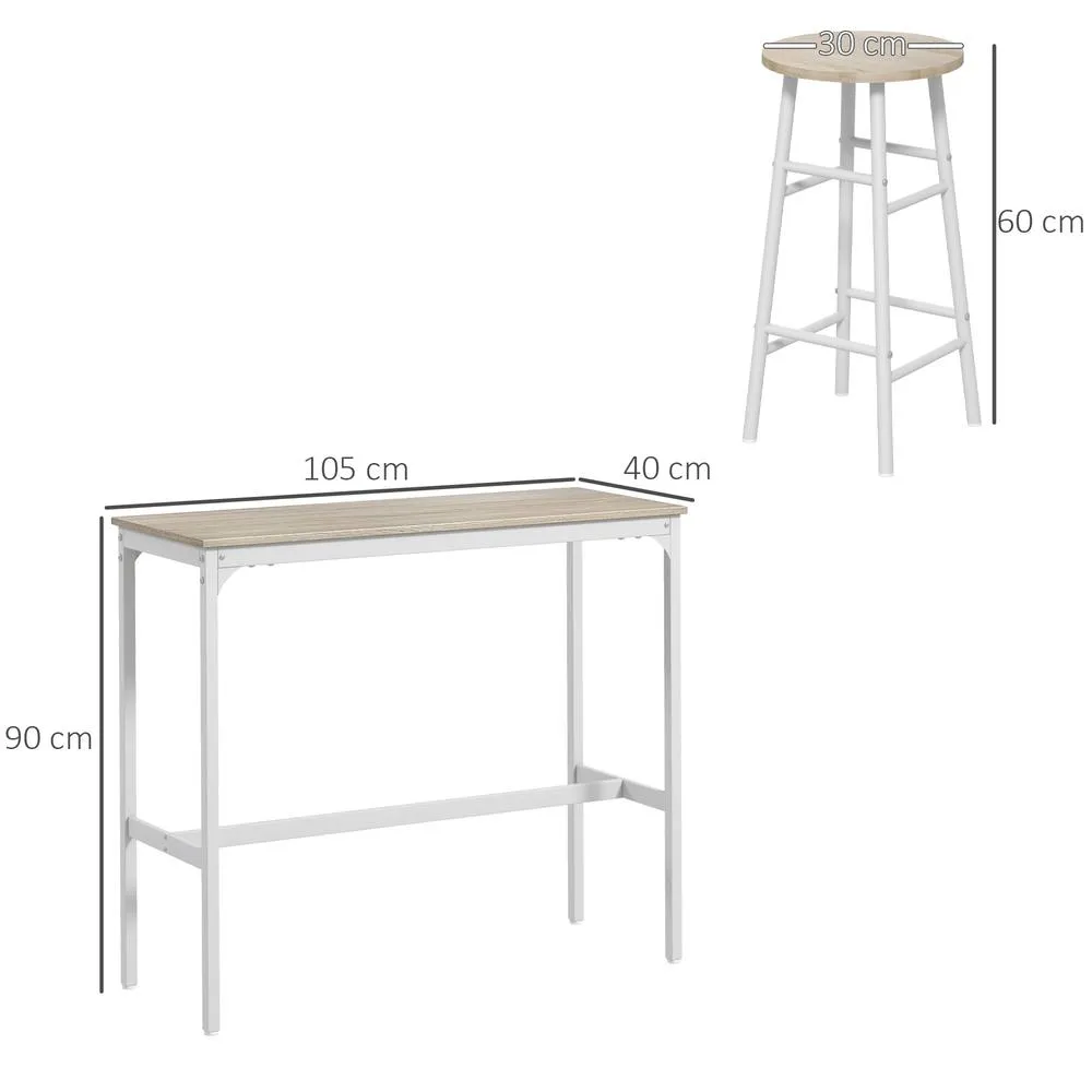 HOMCOM 3 Piece Bar Set, Industrial Kitchen & Chair Set Oak in White 3