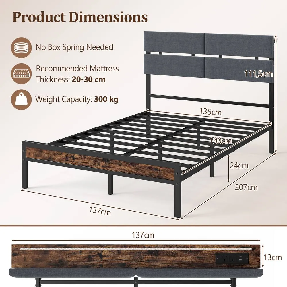Costway Upholstered Metal Platform Bed Heavy-Duty Slats Support Shelf in Black 2