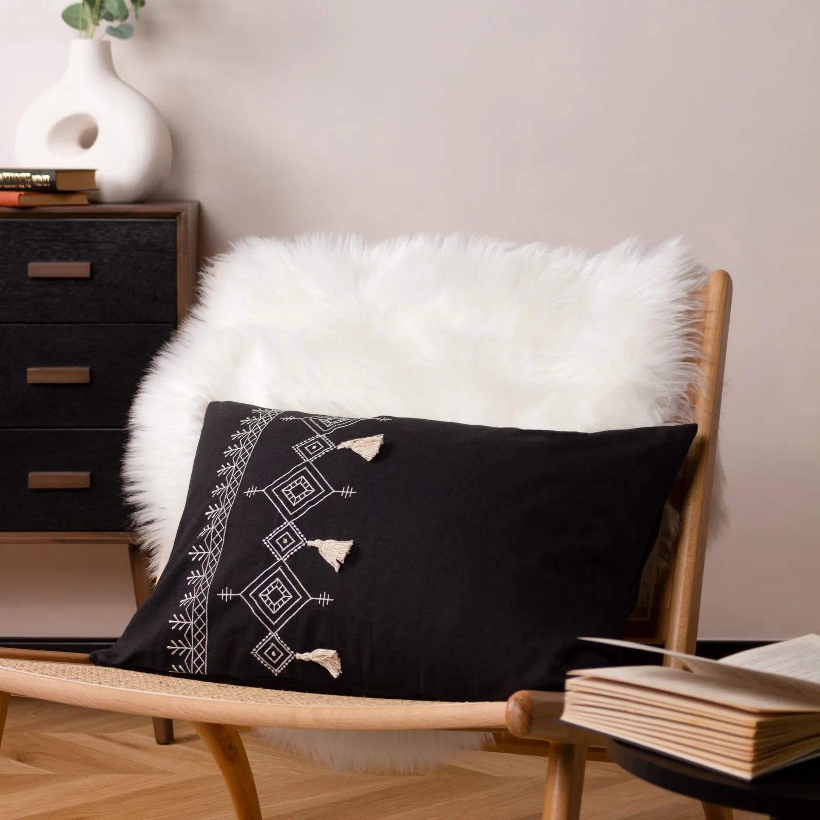 Furn Pritta 100% Cotton Embroidered Tasselled Cushion in Black