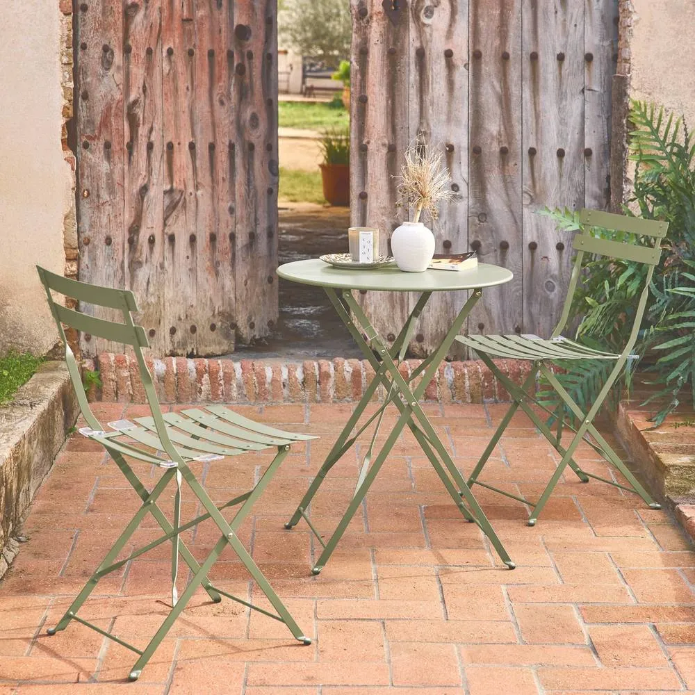 sweeek Round folding metal bistro garden table with 2 chairs in Light Green 3