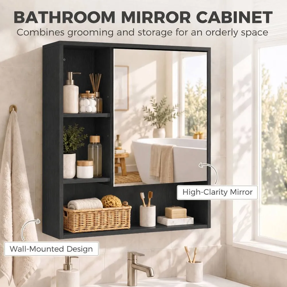 HOMCOM Bathroom Mirror Cabinet, Wall-Mounted, Adjustable Shelves in Black 4