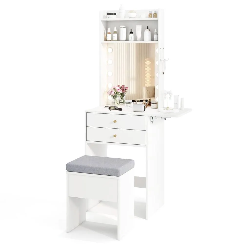 Costway Small Makeup Vanity Desk Dressing Table Set with Mirror & Lights in White