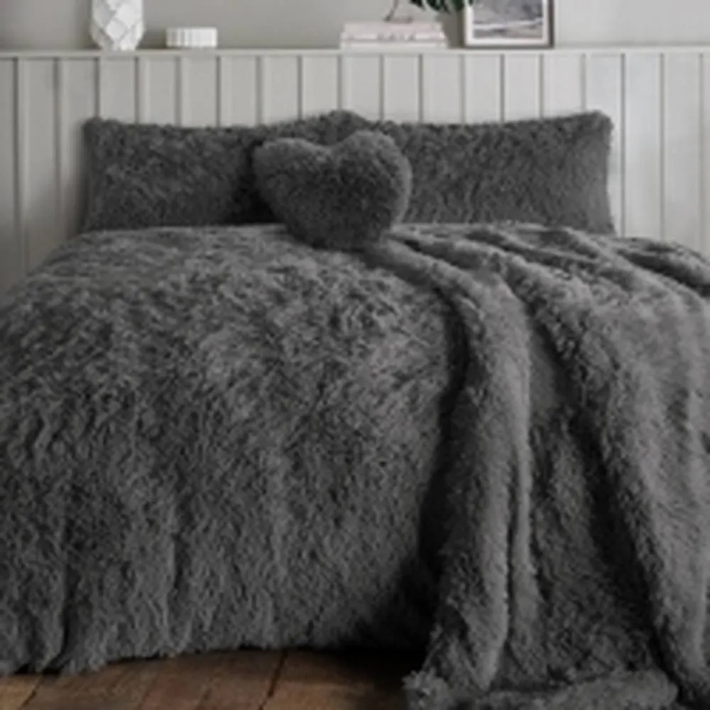 Homes-Linen Alaska Long Fur Teddy Fleece Duvet Cover Set Soft Warm Cosy Bedding in Charcoal