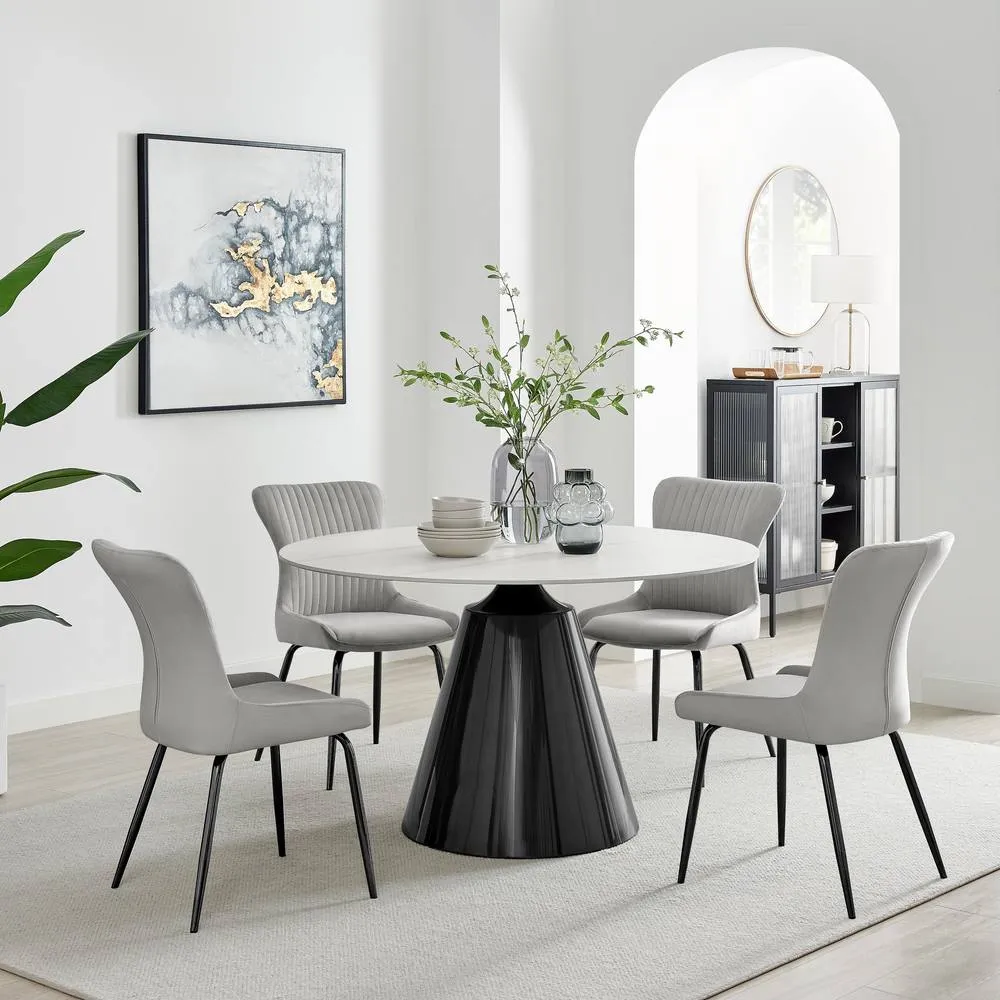 FurnitureboxUK Nina Marble-Effect Dining Set with Grey Velvet Chairs in Light Grey