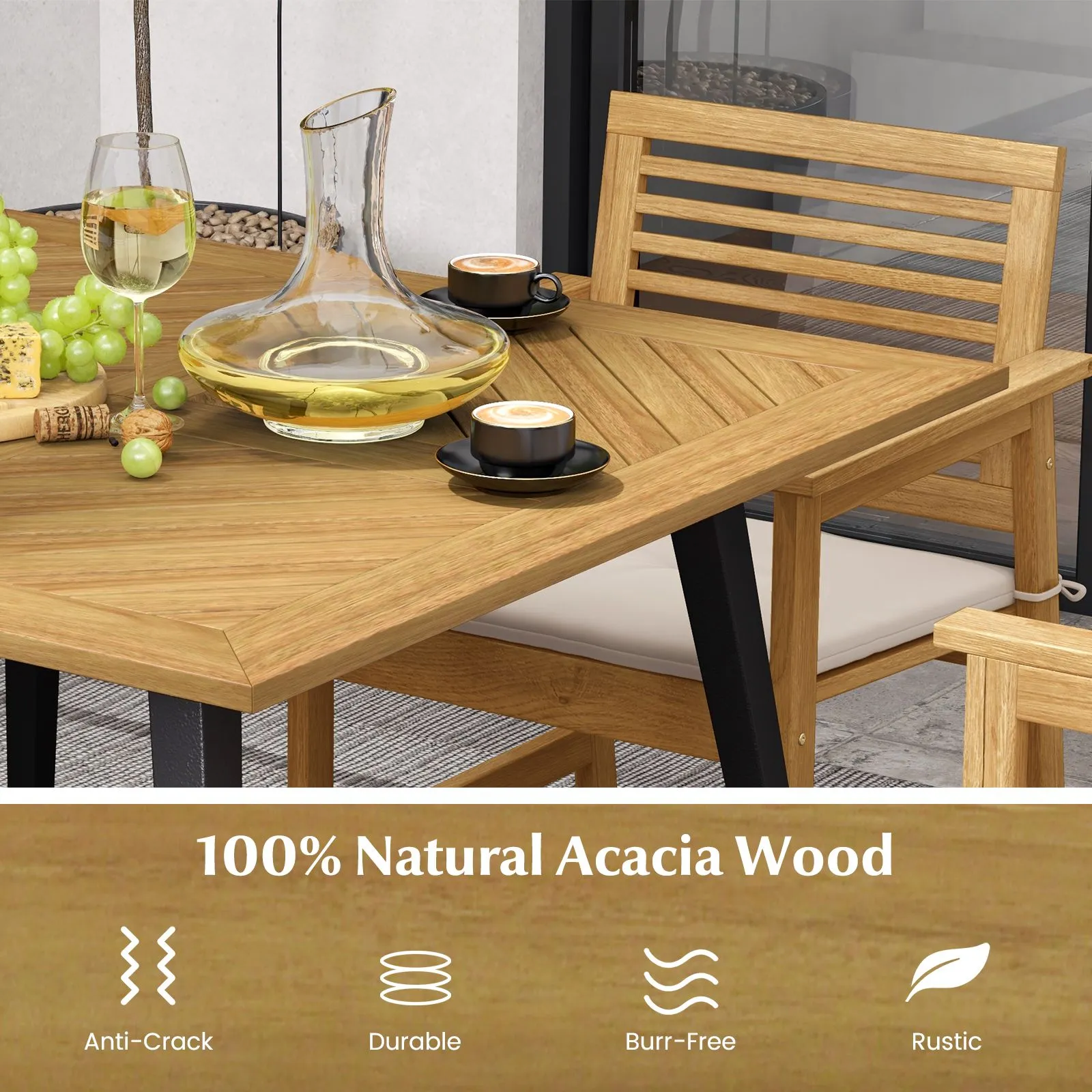 Costway Outdoor Dining Table for 4 Acacia Wood Patio Square Bistro Table w/ Umbrella Hole 107 x 107cm in Natural 4