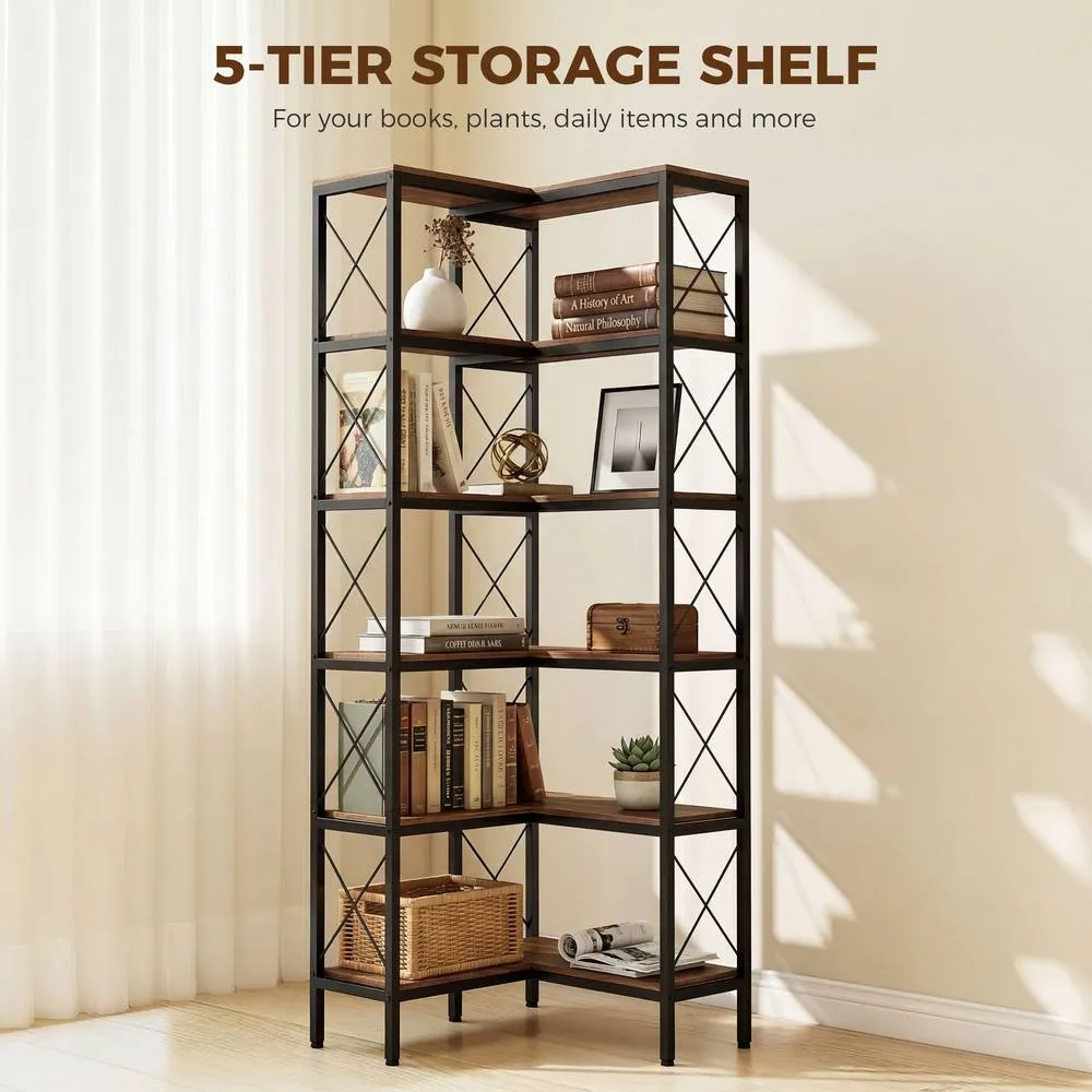 HOMCOM L-Shaped Bookshelf, 5-Tier Bookcase with Metal Frame, Rustic Brown 6