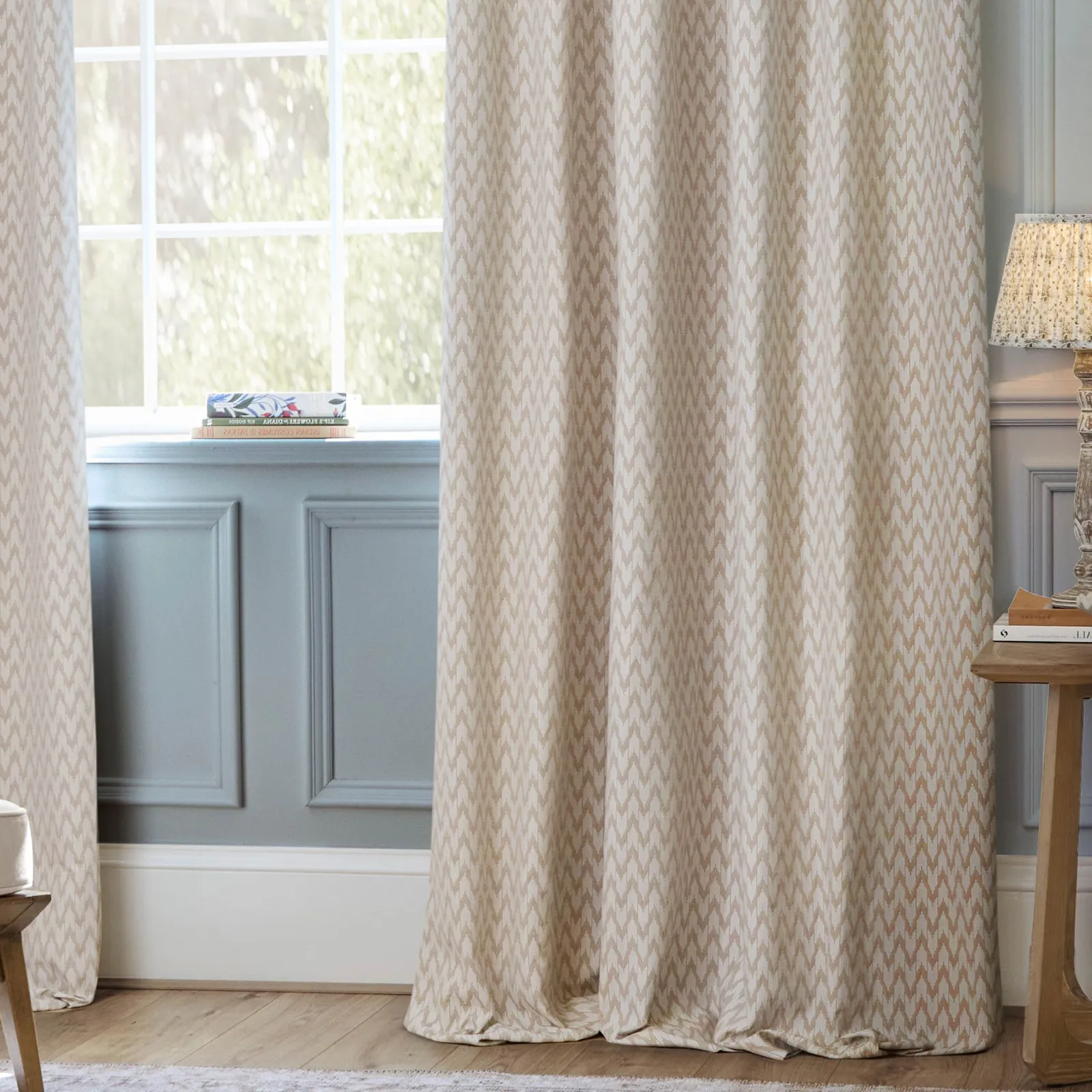 Sanderson Hutton Jacquard Room Darkening Pencil Pleat Curtains in Beige 4