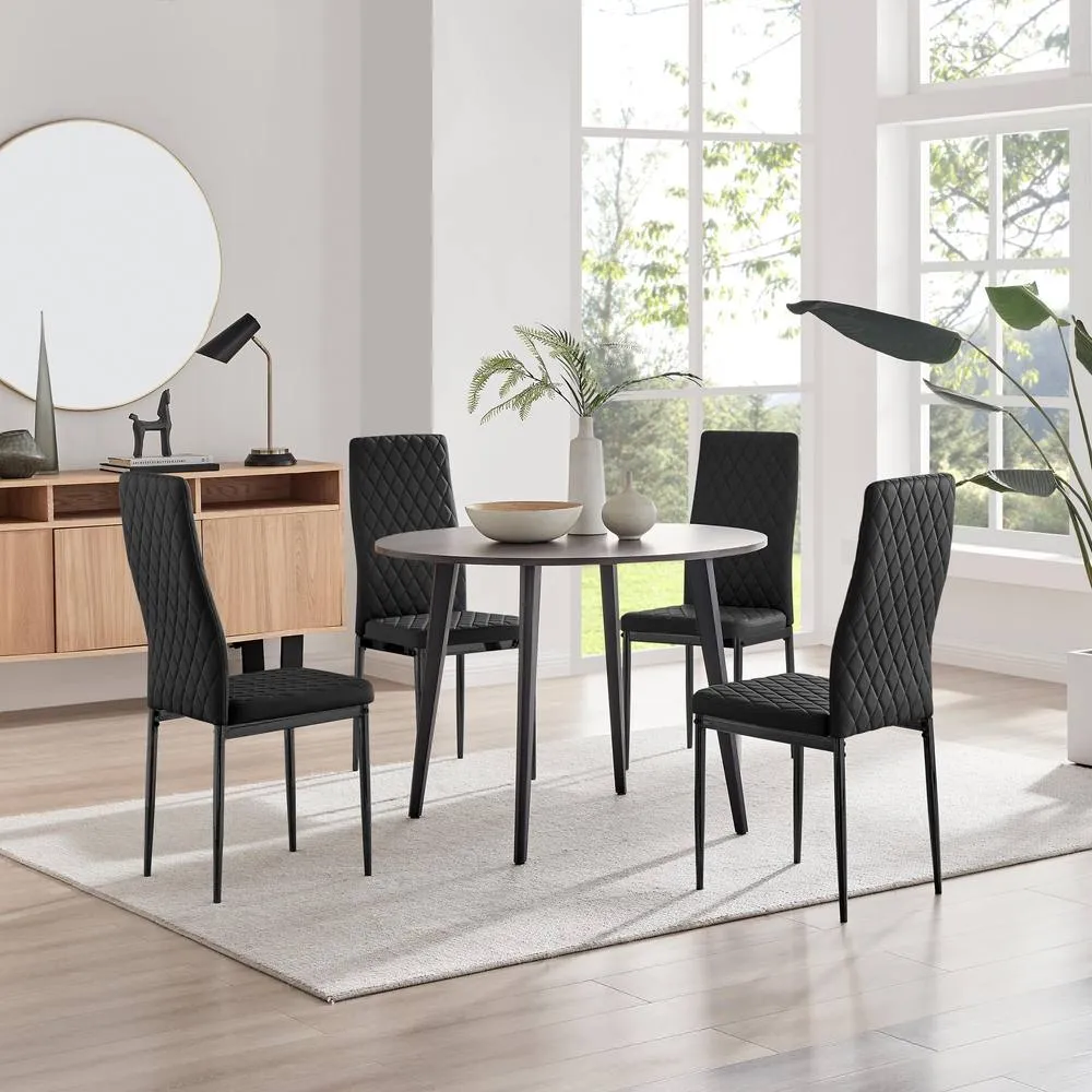FurnitureboxUK Koko Walnut Effect Round Dining Table & 4 Black Milan Black Leg Chairs