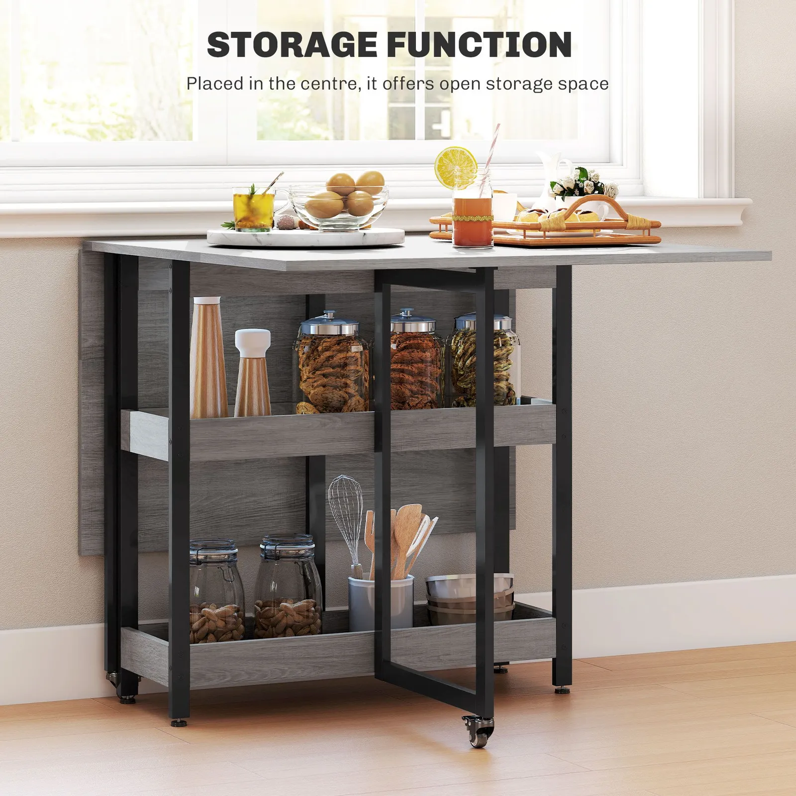 HOMCOM Folding Dining Table, Drop Leaf Table with Open Compartments in Grey 5