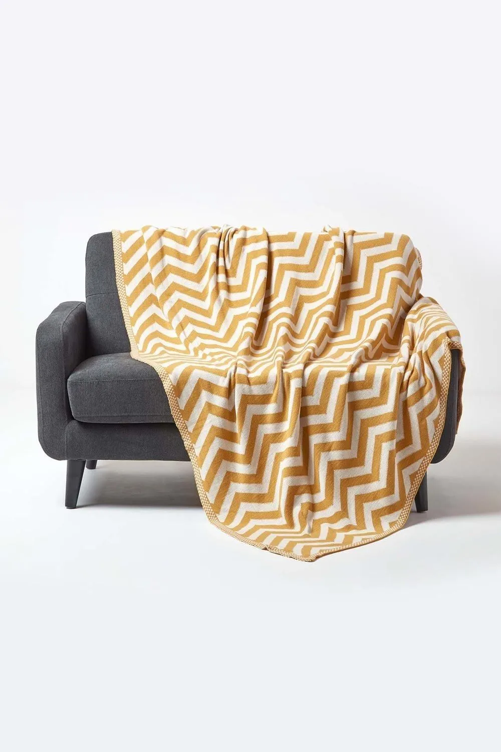 Homescapes Cotton Knitted Geometric Throw in Mustard