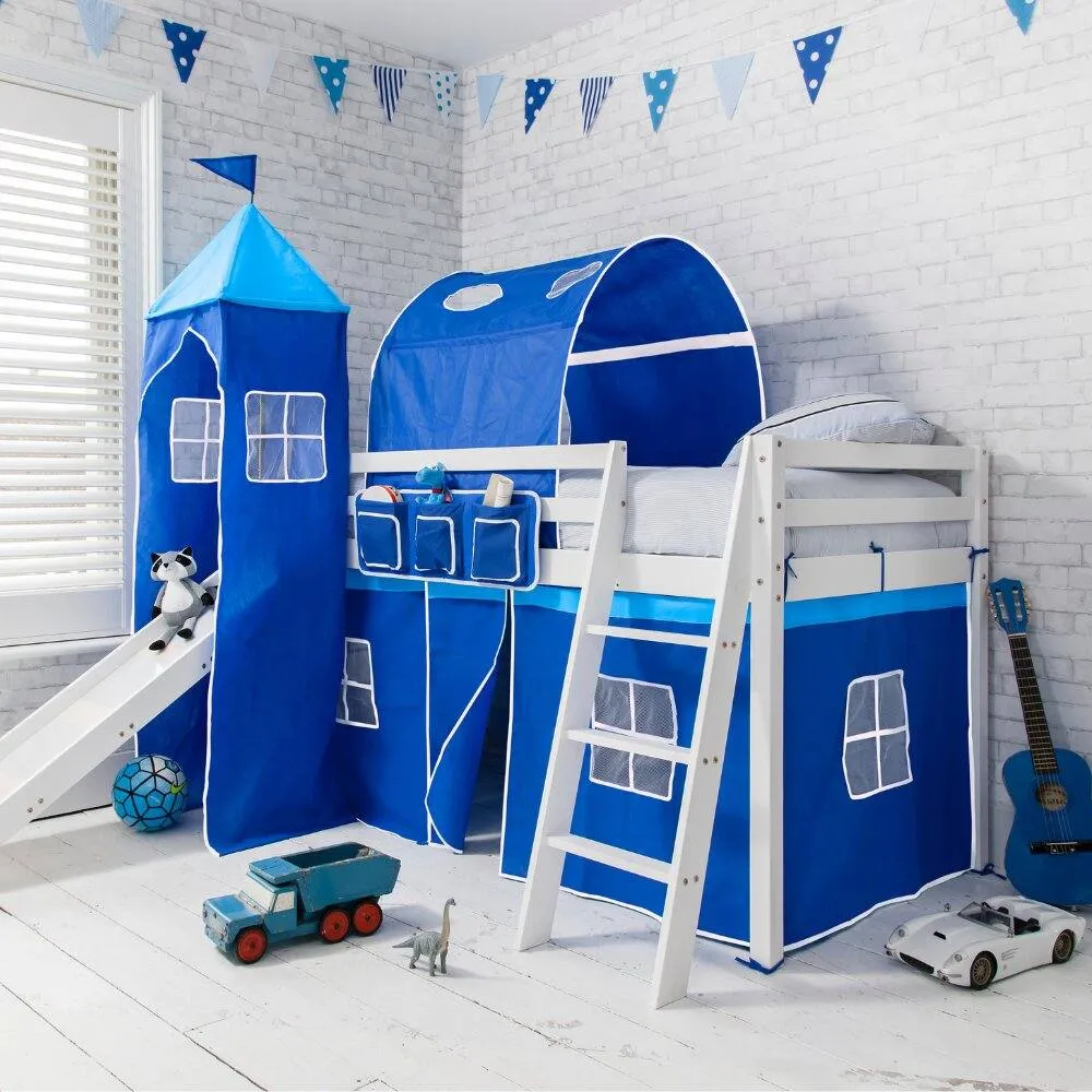 Nöa and Nani Moro Cabin Bed with Slide and Blue Tent, Tower & Tunnel in White