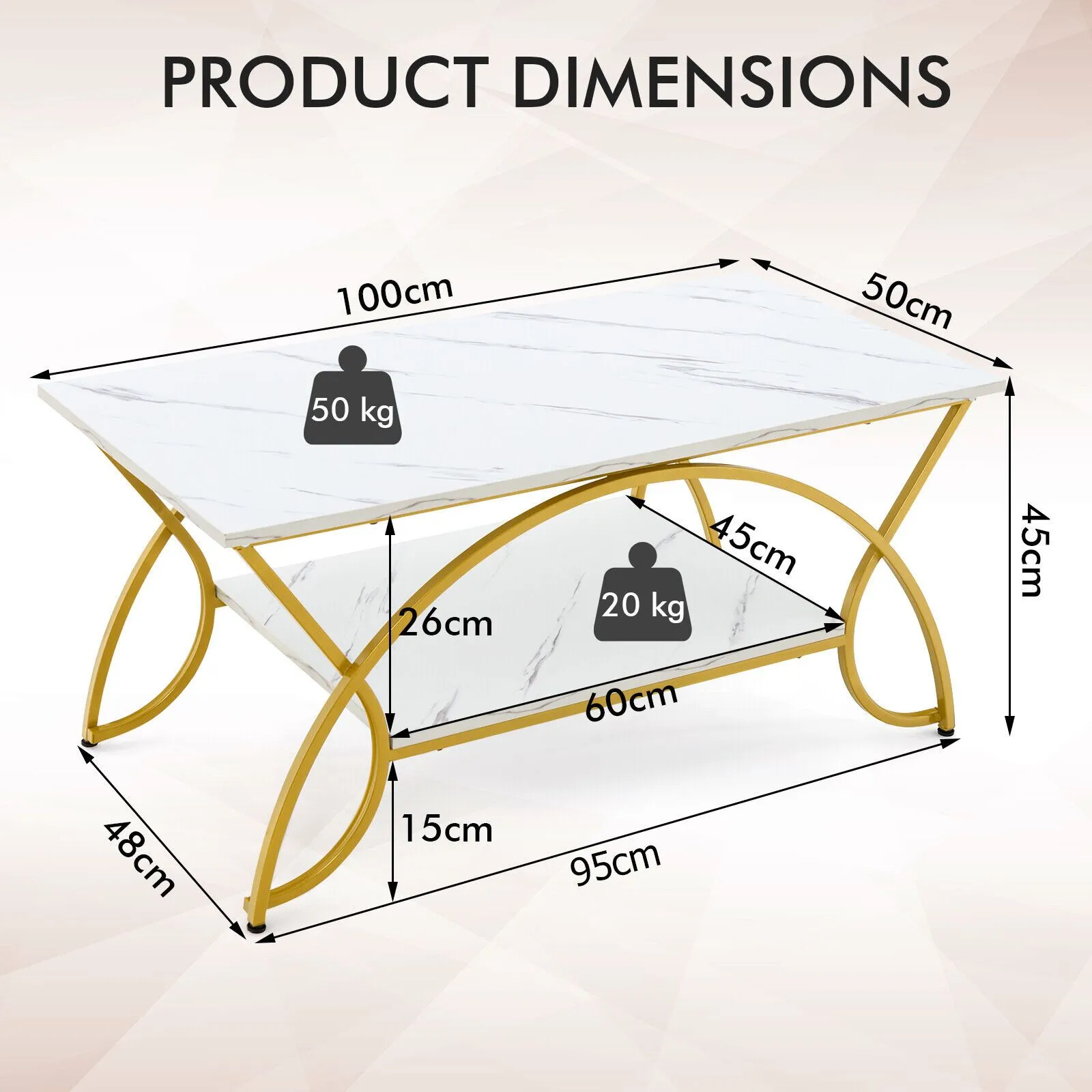 Costway Modern Faux Marble Coffee Table 2-Tier Rectangular Accent Table Chic Cocktail in White 3
