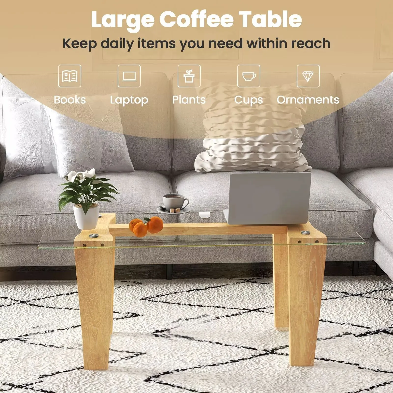 Costway Rectangle Coffee Table Modern Tempered Glass Top Accent Table Sofa Center Table in Natural 3
