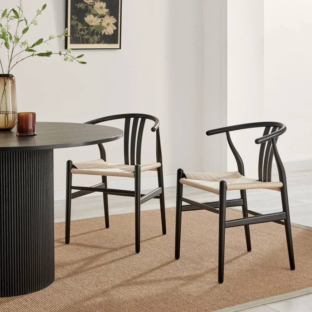 FurnitureboxUK 2x Caia Black Wood & Rope Wishbone Dining Chairs