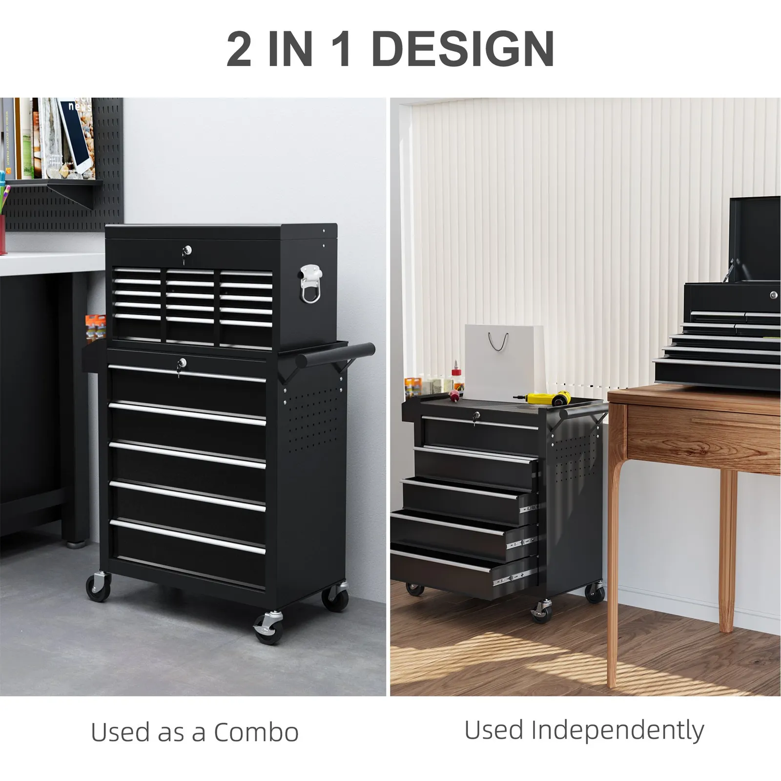 HOMCOM Rolling Tool Cabinet on Wheels with 14 Drawers, Pegboard & Side Rack, Lockable Top Tool Chest & Roller Cabinet Combo for Workshop & Hom 5