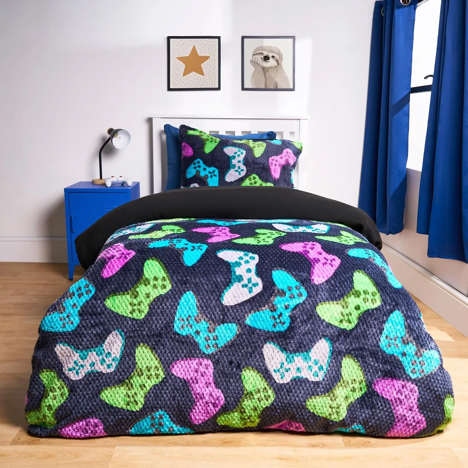 OHS Gaming Waffle Sherpa Fleece Reversible Duvet Cover Bedding Set in Dark Navy