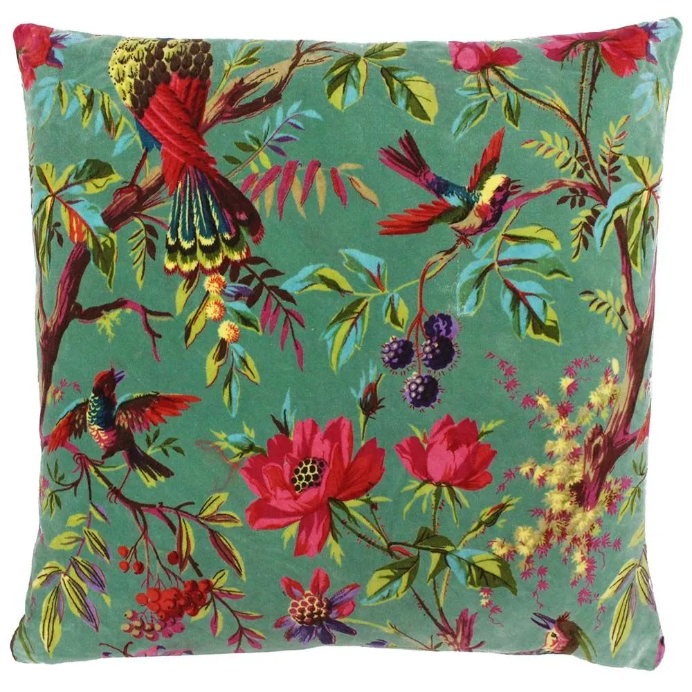 Paoletti Paradise Nature Print Velvet Cushion in Aqua 1