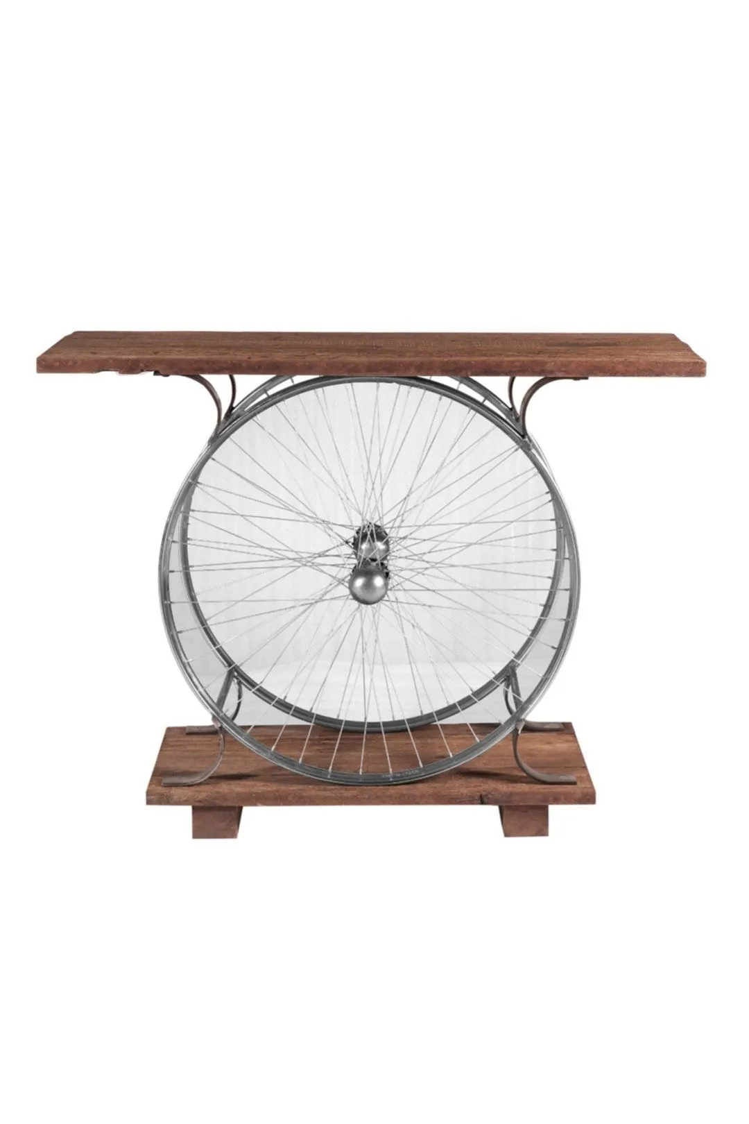 IH Design Natural Reclaimed Wood & Metal Console Table Wheel 2