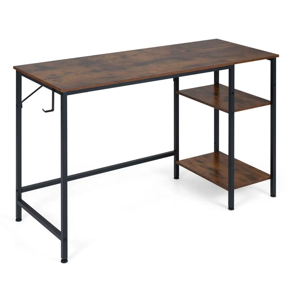 Costway Reversible Home Office Desk with Headphone Hook & Shelves in Brown