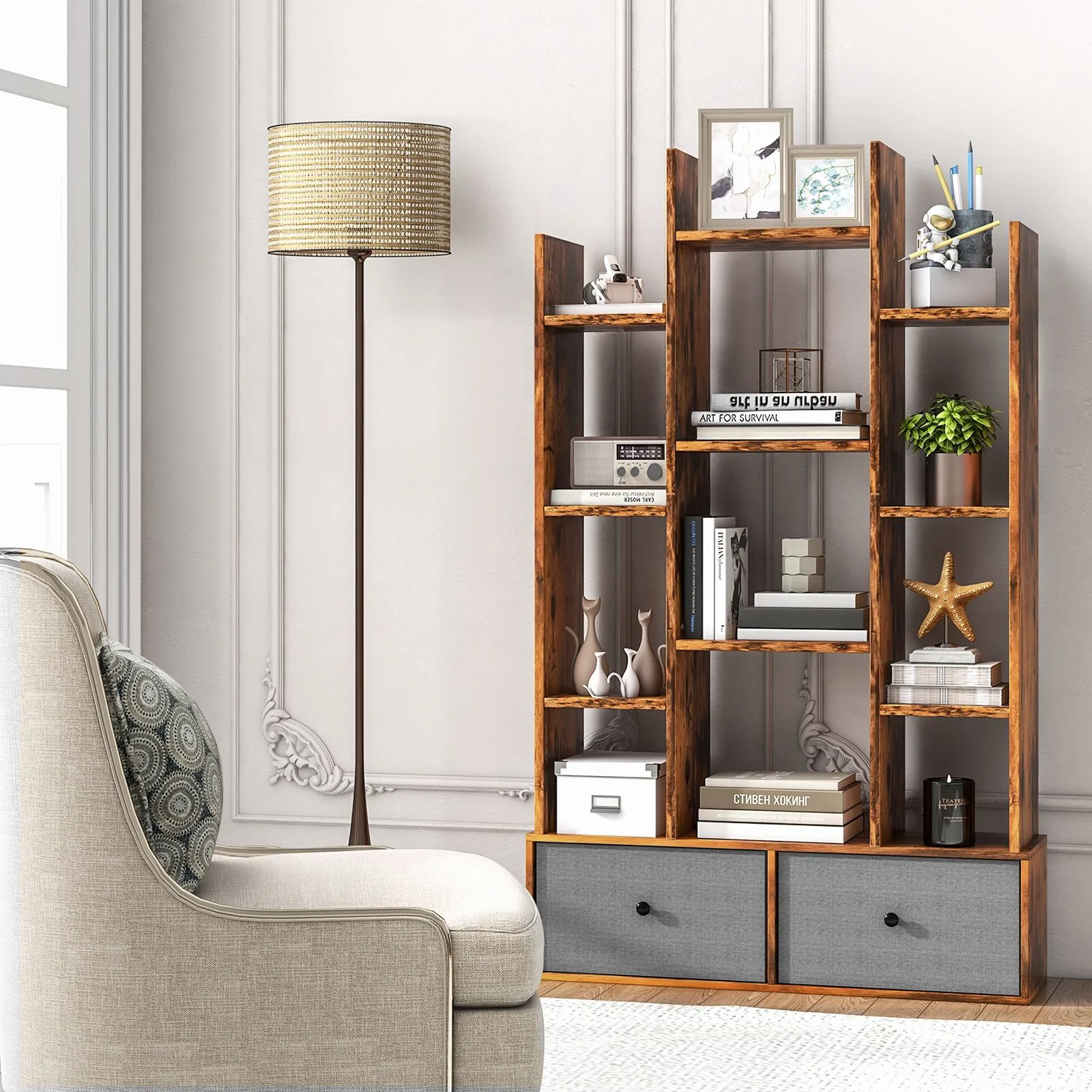 Costway 12 Tier Bookshelf Open Storage Wood Bookcase Organizer Display Shelf in Brown 6