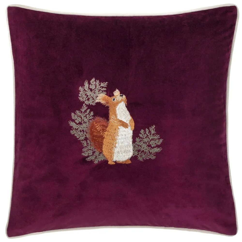 Furn Pineberry Forest Embroidered Velvet Cushion in Purple