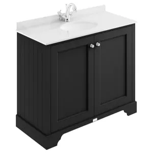 Bayswater Victrion Matt Black Traditional Freestanding Vanity Unit & White Marble Top Basin - 1000mm