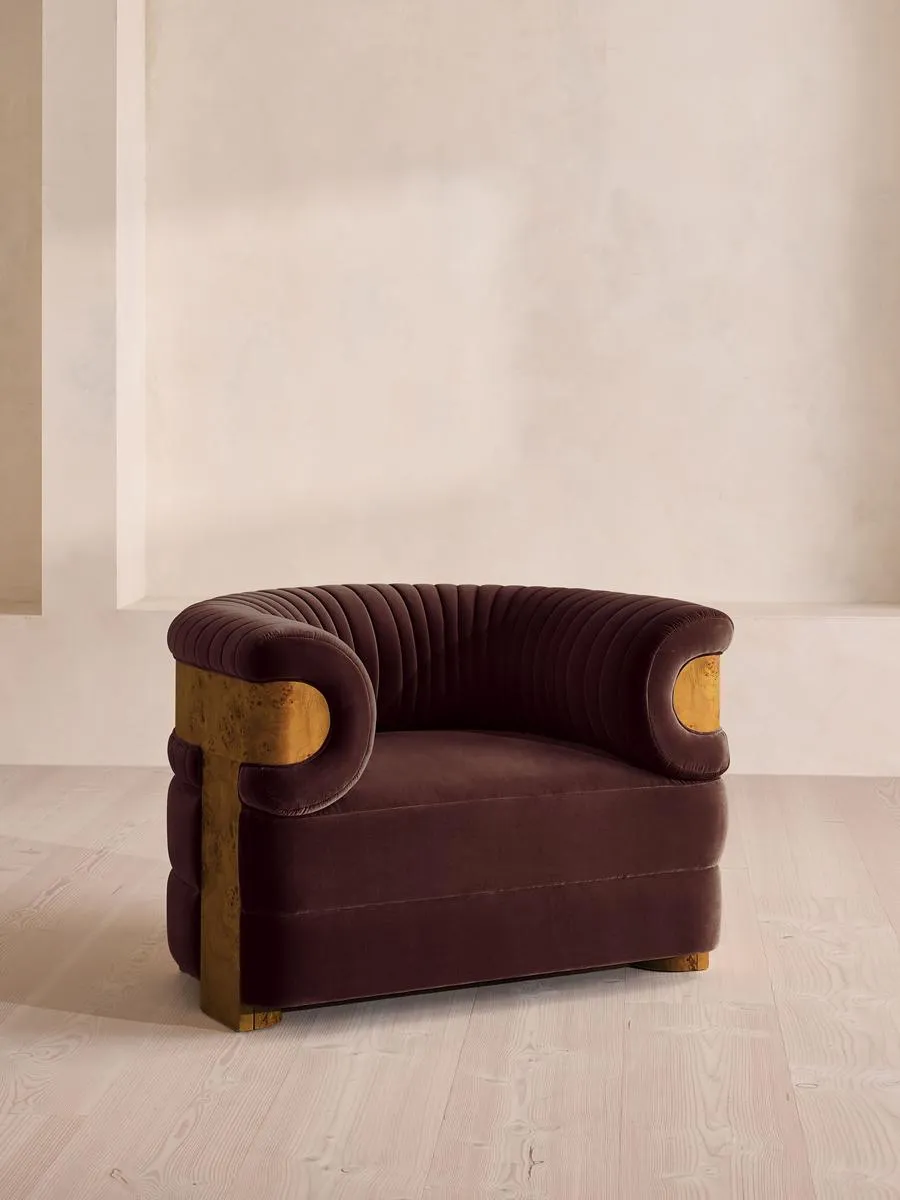 Caleb Armchair, Dark Burl, Velvet, Aubergine