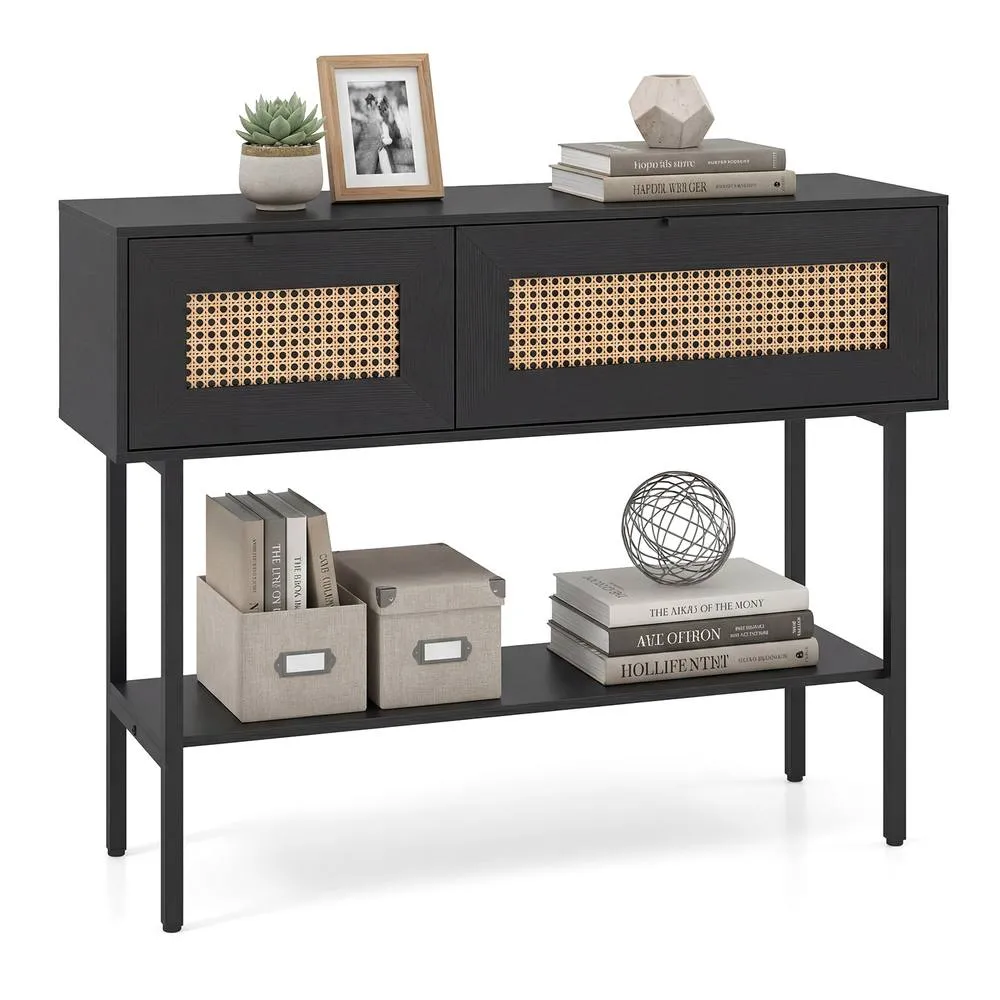Costway Rattan Console Table Boho Entryway Table w/ Flip Doors & Open Shelf in Black 2