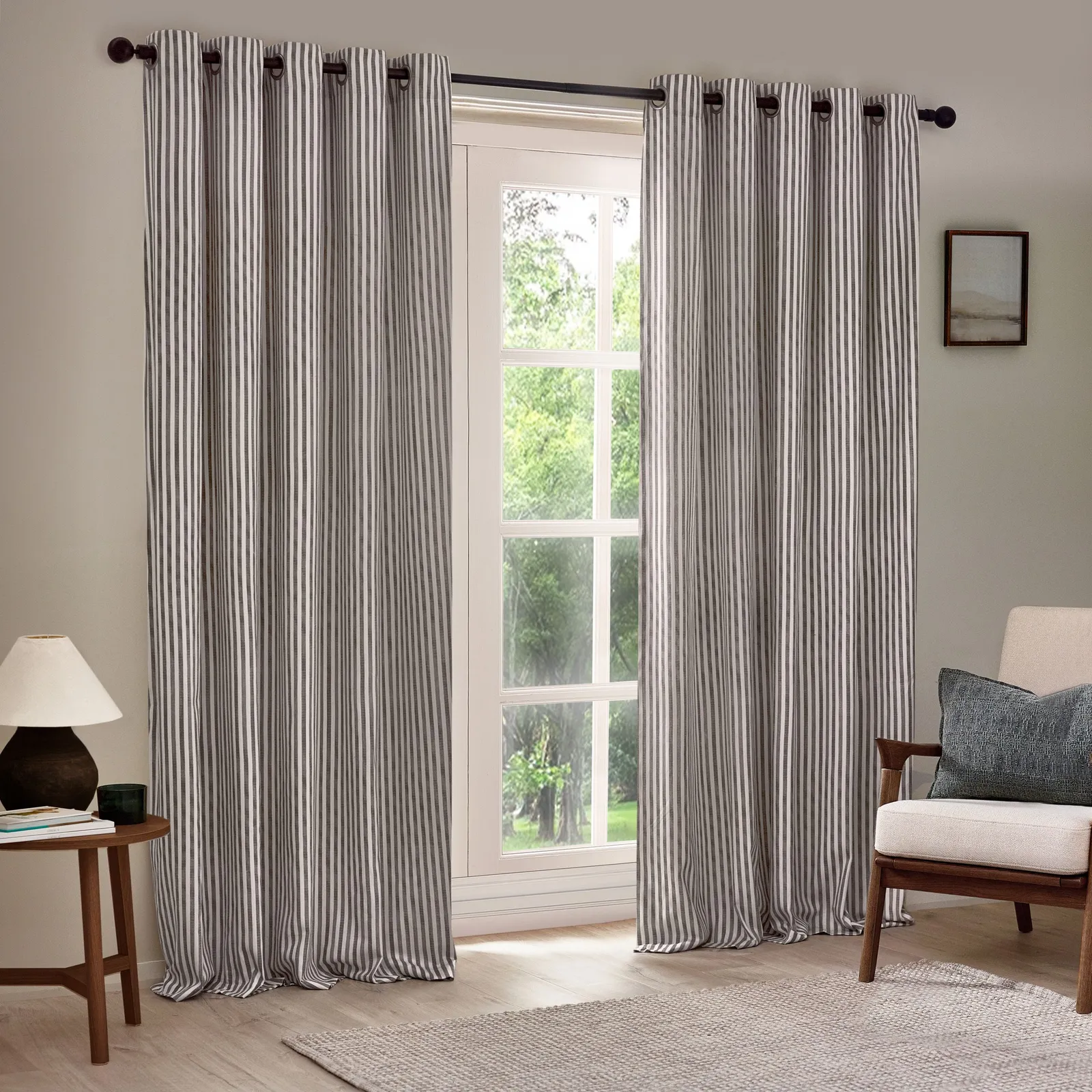 Yard Hebden Striped 100% Cotton Lined Eyelet Curtain Pair in Grey 2