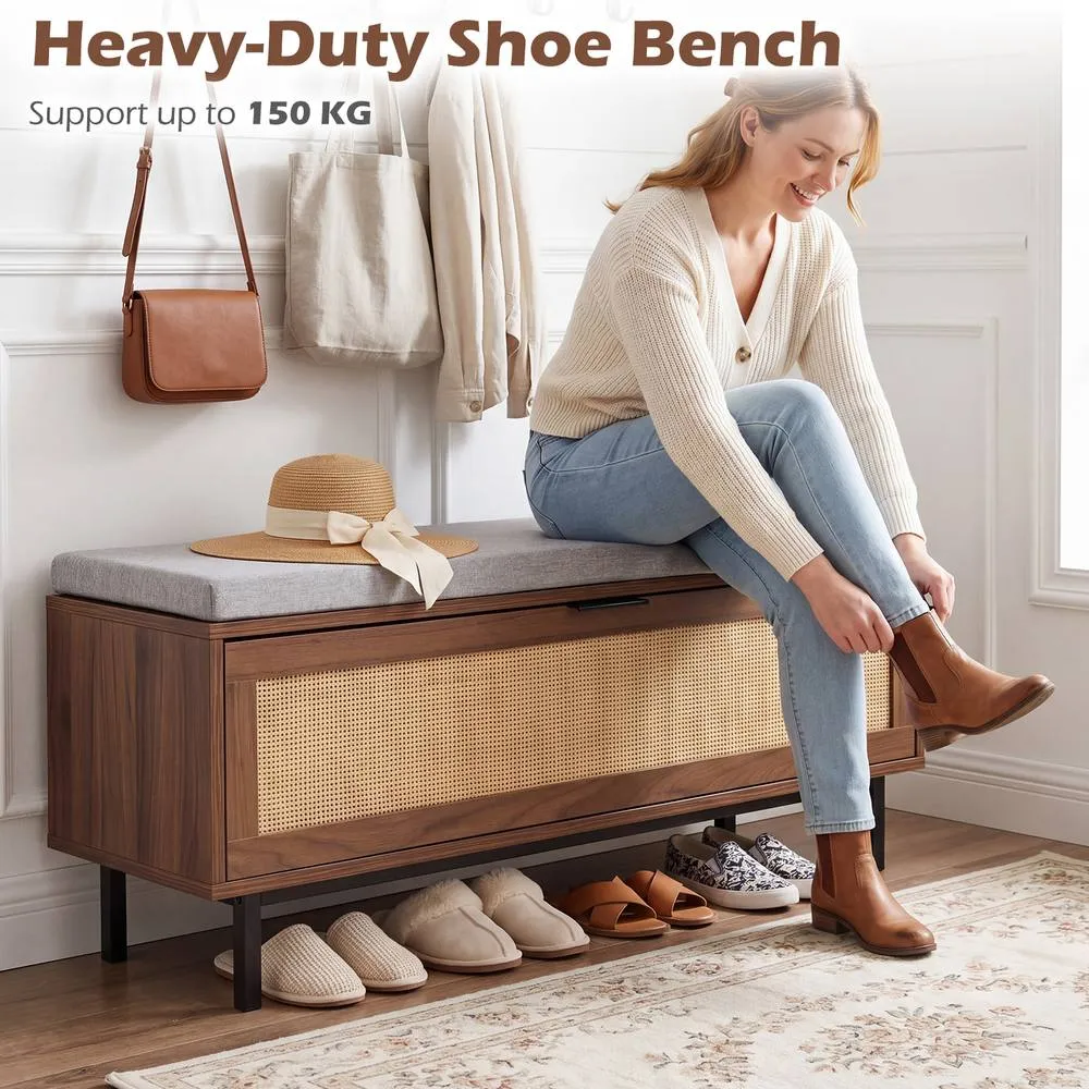 Costway Shoe Storage Bench Entryway Bench w/Padded Cushion&Hidden Shoe Cabinet in Brown 6