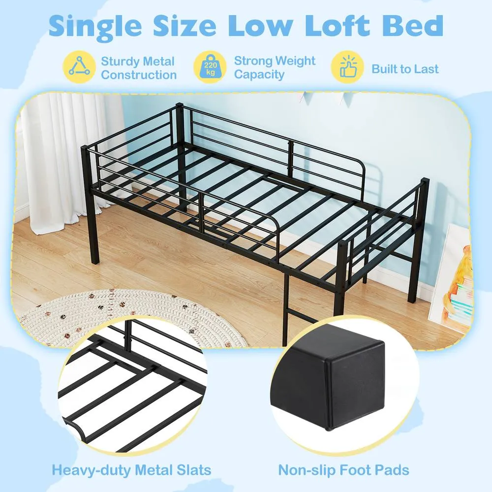 Costway Single Size Low Loft Bed Metal Bed Frame w/ Guardrails & 2 Ladders in Black 5