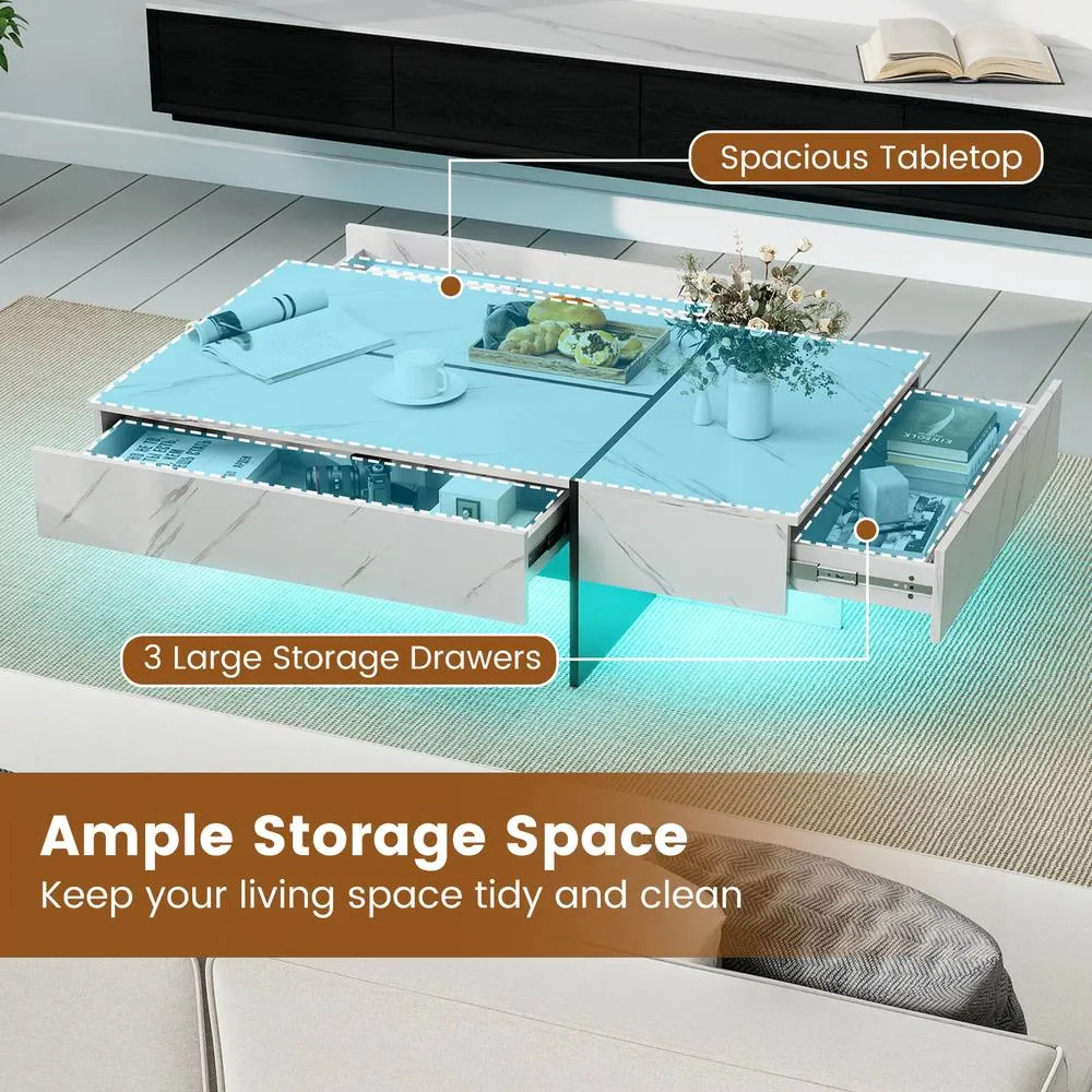 Costway Modern LED Coffee Table Rectangular Cocktail Center Table w/ 3 Drawers in White 5