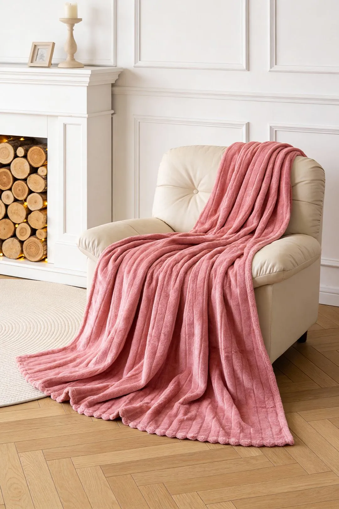 Living and Home Reversible Fluffy Striped Throw Blanket in Pink