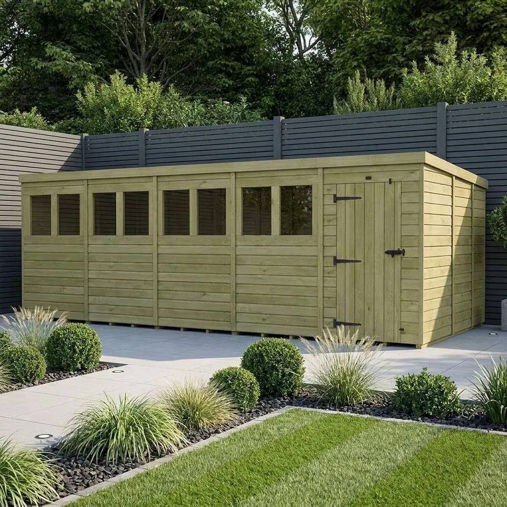 Buttercup Farm 20ft x 9ft Pent Garden Shed Single Door With Windows - Timber in Brown 2
