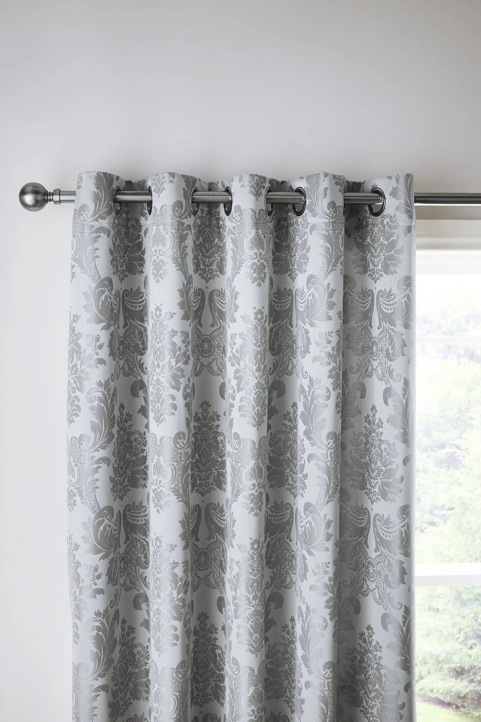 Catherine Lansfield 'Damask Jacquard' Lined Eyelet Curtains in Silver 2