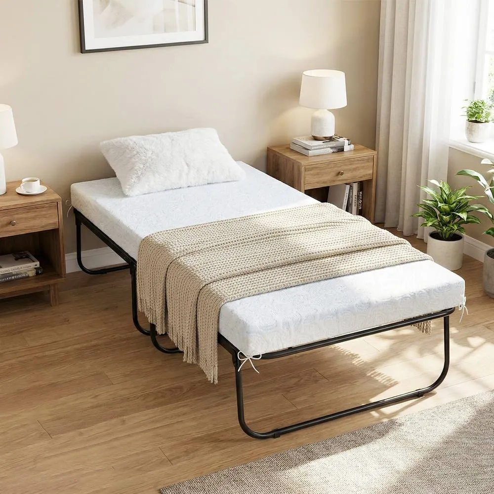 Costway Folding Bed with Mattress Single Size Guest Bed Rollaway Fold Up Bed in White 3