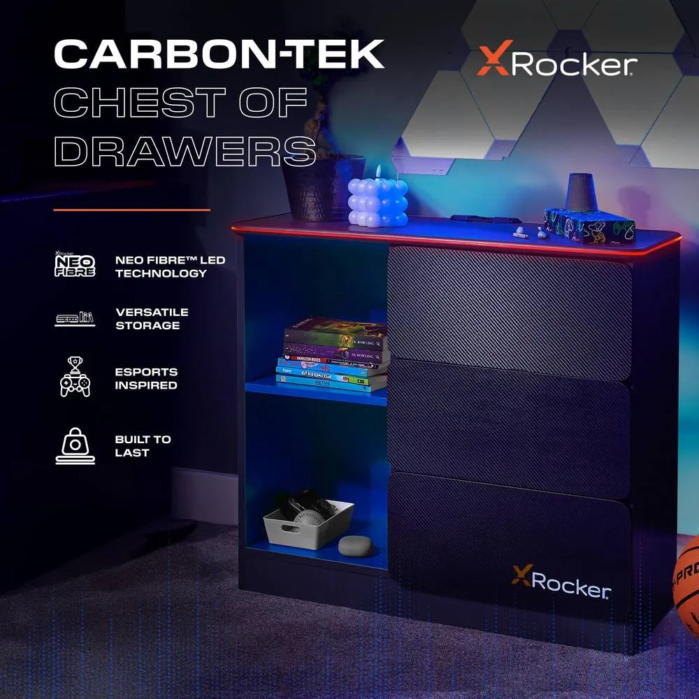 X Rocker Carbon-Tek Chest of 3 Drawers with 2 Shelves & LED Lighting in Blue 2