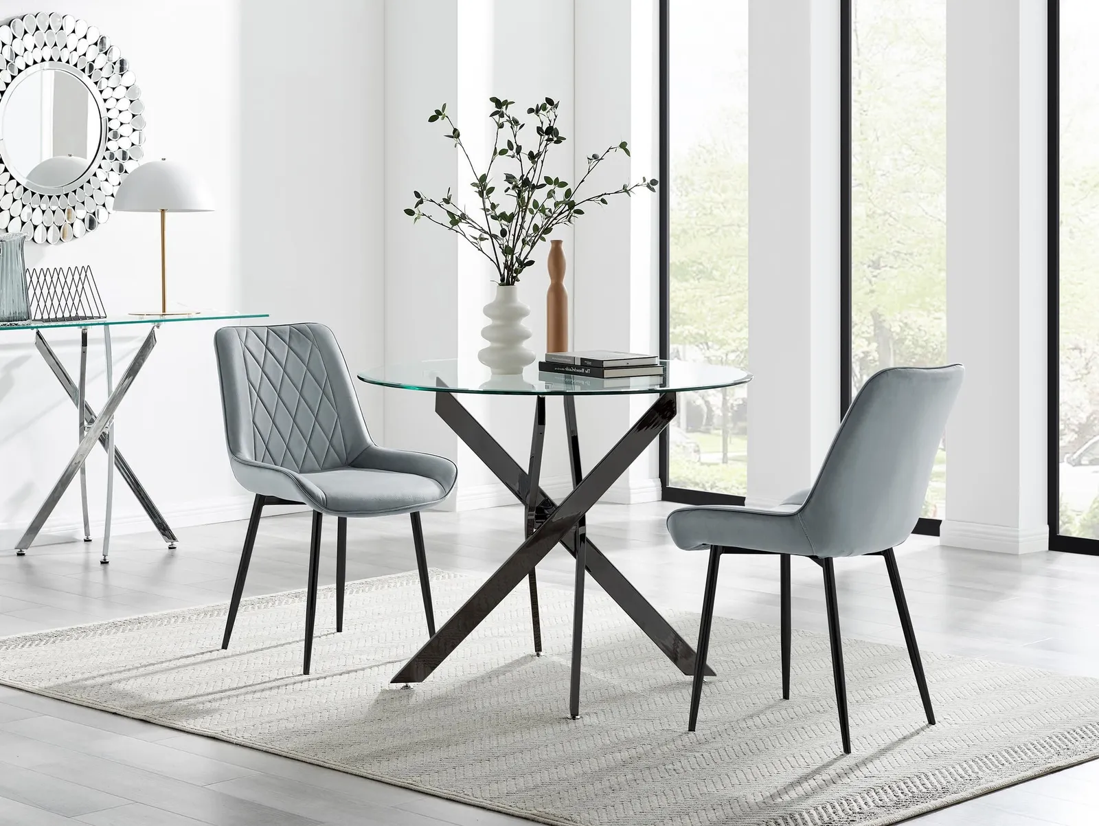 FurnitureboxUK Novara 100cm Round Black Leg Dining Table & 2 Pesaro Black Leg Chairs in Grey 1
