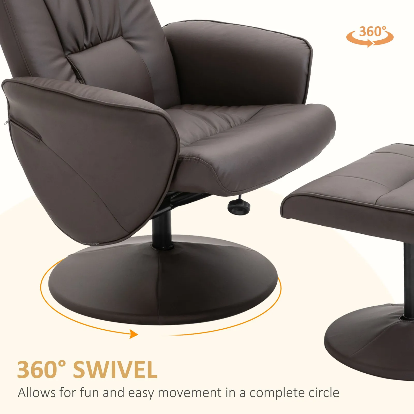HOMCOM 2 Pcs Reclining Armchair Ottoman 360° Swivel Home Furniture PU Leather in Brown 5