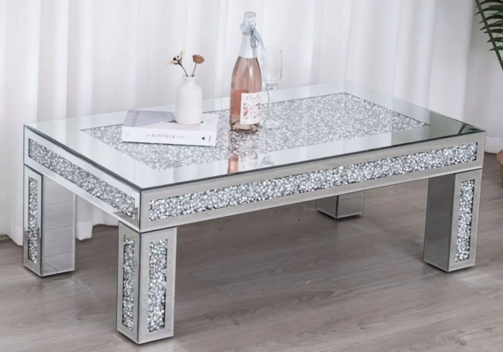 Comfy Living Ltd Rectangular Diamond Mirror Crystal Coffee Table in Silver