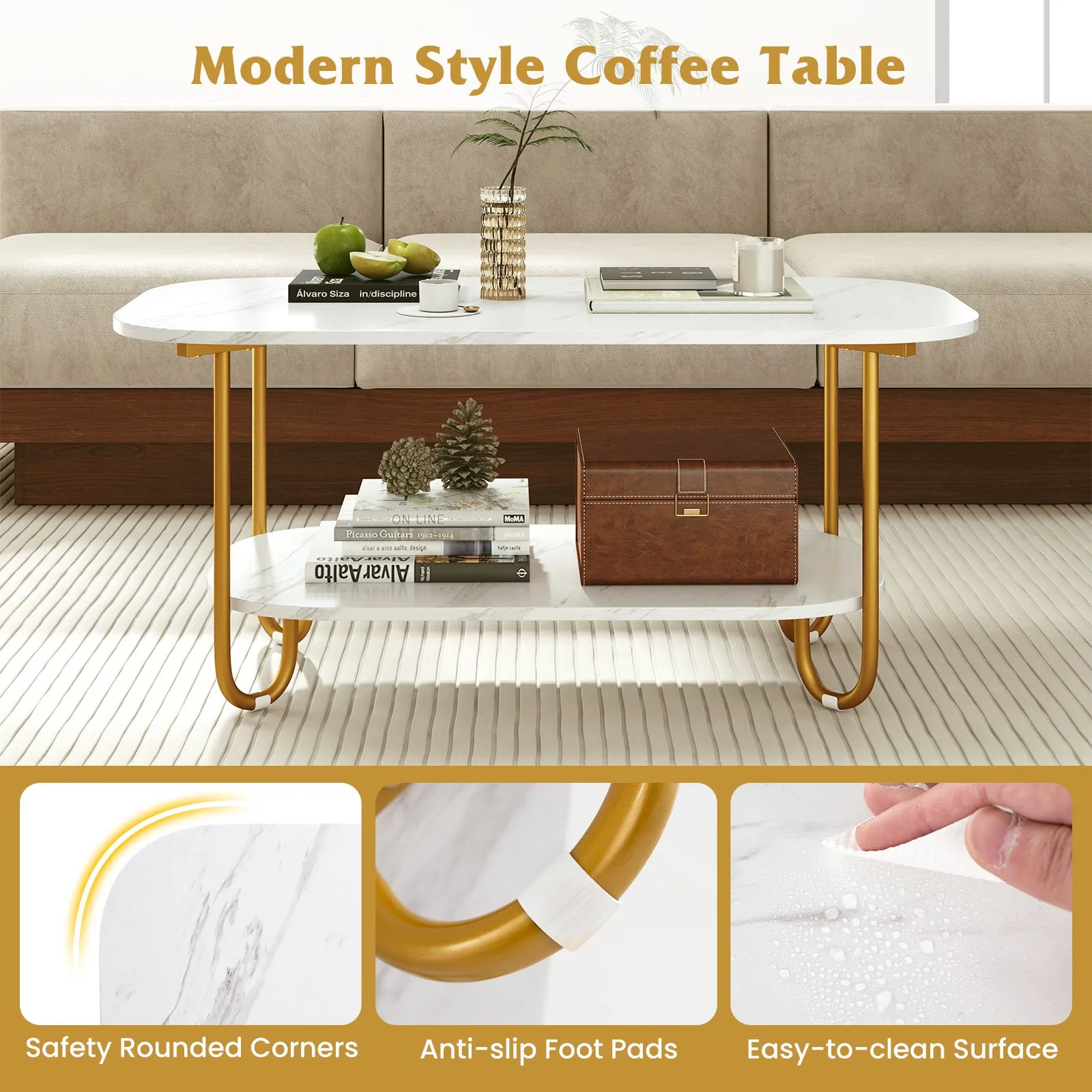 Costway Faux Marble Top Coffee Table Office Modern 2-tier Tea Table-White in White 6