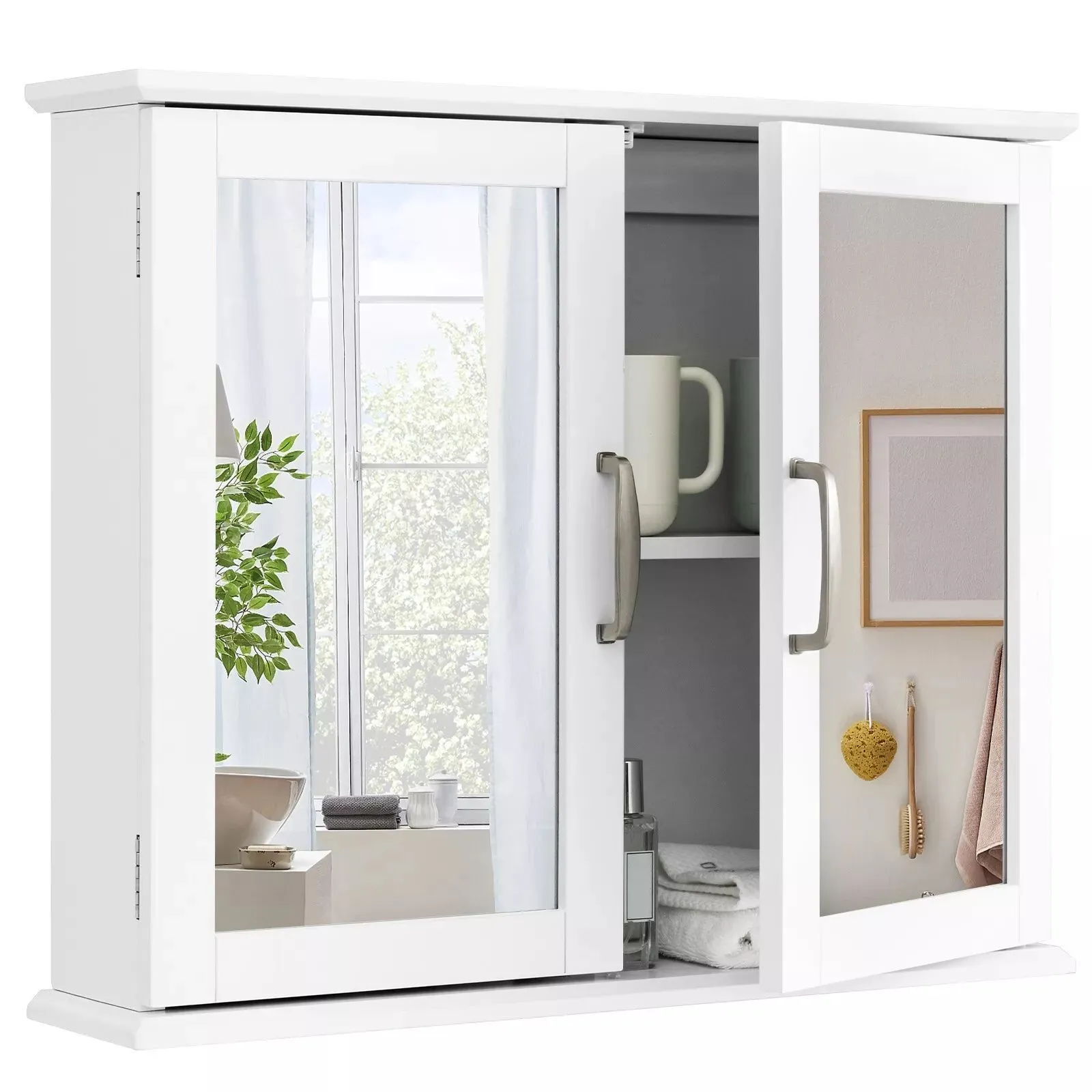 Costway Wall Mounted Bathroom Mirror Cabinet Wooden Storage Cupboard Medicine Cabinet in White