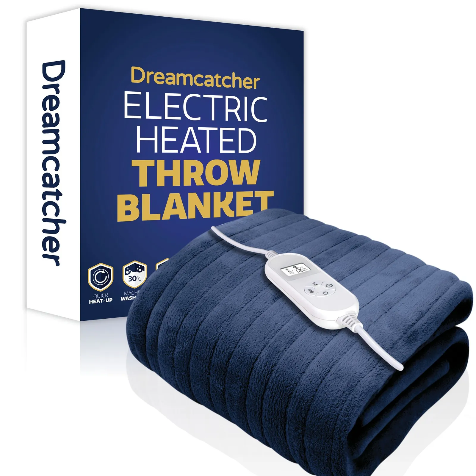 Dreamcatcher Deluxe Electric Throw Heated Double Over Blanket Soft Fleece Timer in Navy
