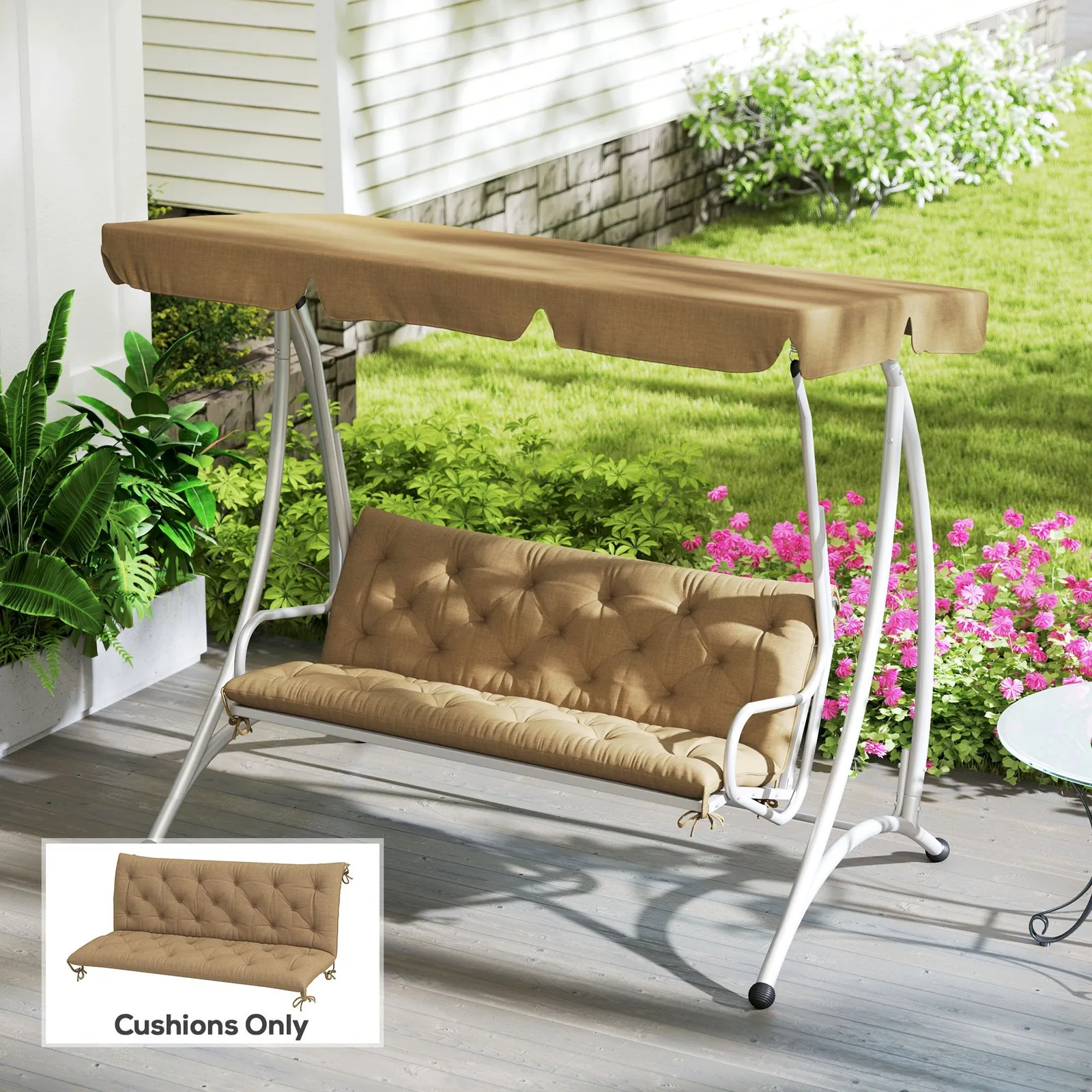 OUTSUNNY Garden Bench Cushion Outdoor Seat Pad with Ties in Khaki 1