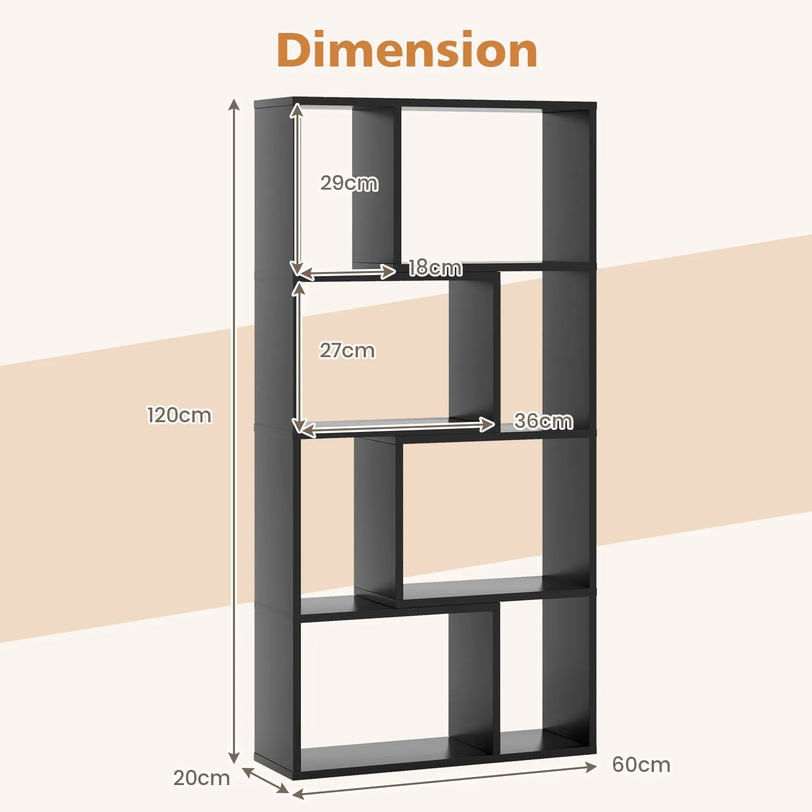 Costway 5-Tier Geometric Bookshelf 120 CM Tall Bookcase Modern 8-Cube Display Shelving in Black 2