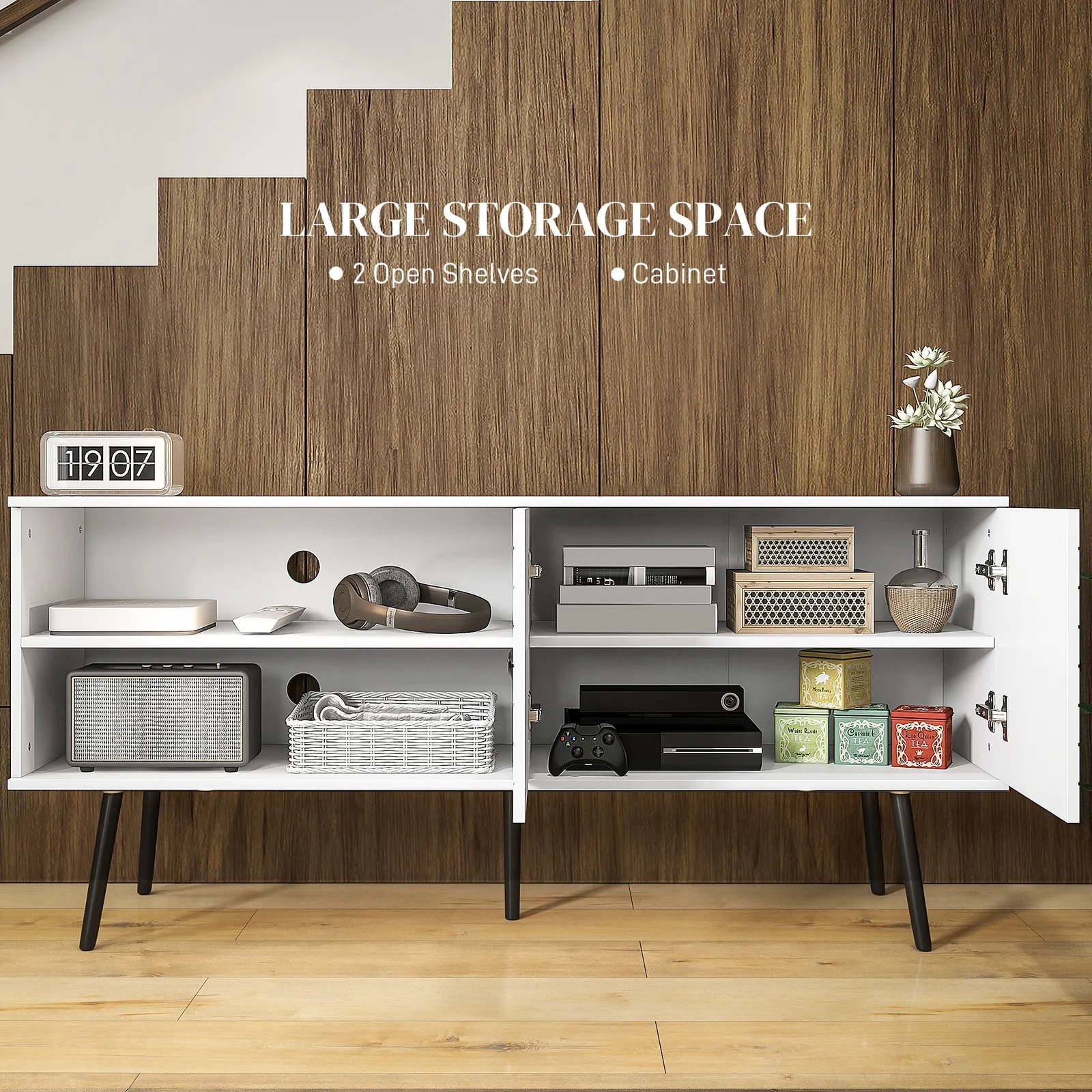 HOMCOM TV Stand Cabinet for TVs with Open Shelves, Soft-close Door, Cable Holes in White 4