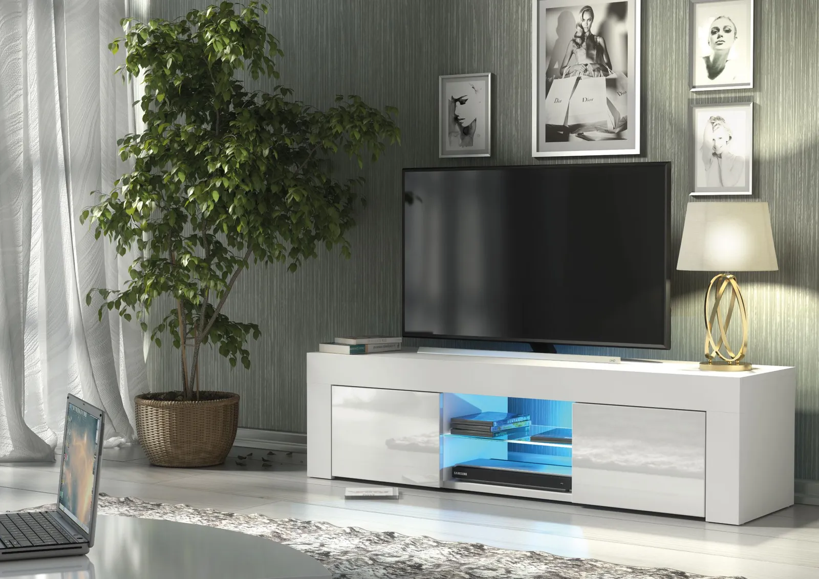 Creative Furniture Loom TV Unit 130cm - A Minimalist & Sophisticated Cabinet with Gloss Doors & LED Lights in White 2